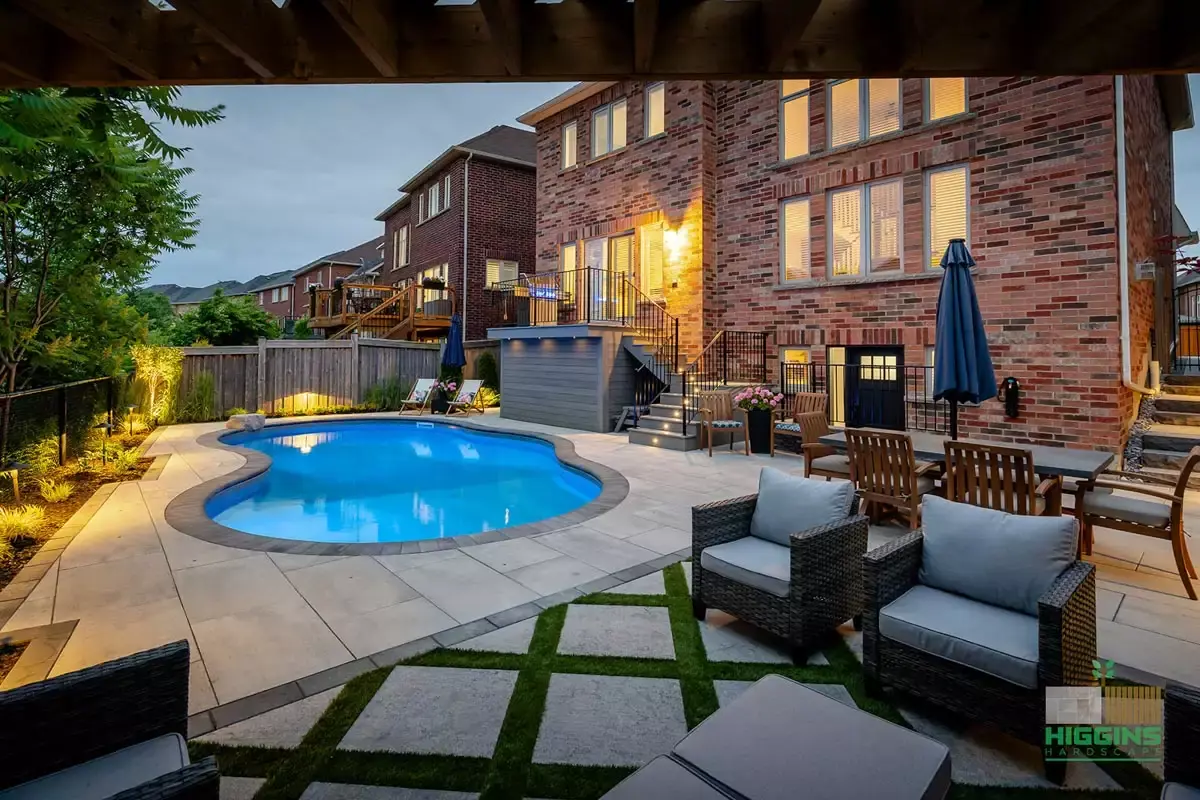 Backyard oasis with pool and natural stone deck